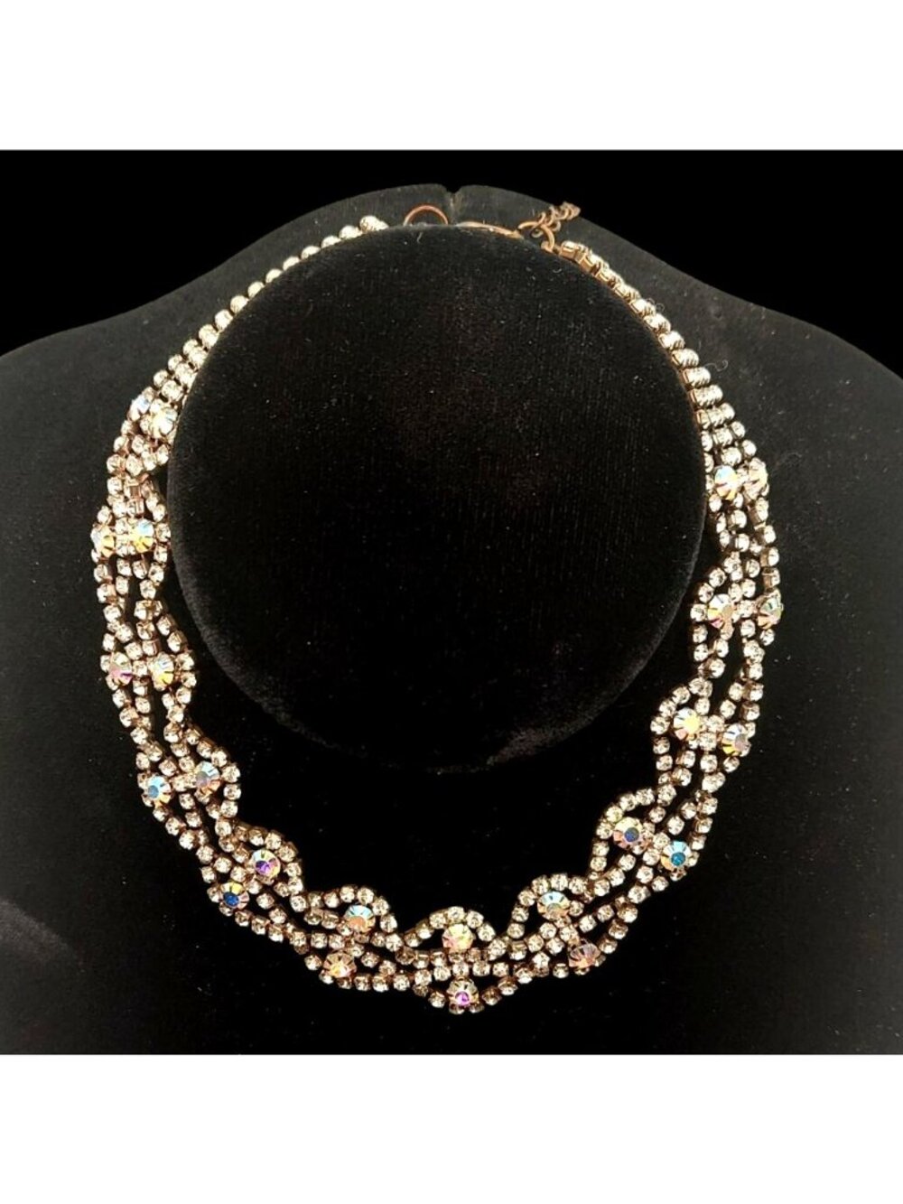 Rhinestone AB Aurora Borealis Crystal Choker 16" Adjustable Necklace Retro - Picture 2 of 6